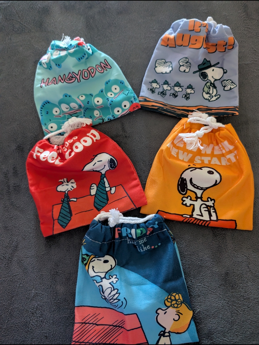 Pick 3 Snoopy Kids Drawstring Pouch - Assorted Colors (Blue, Red, Orange, Teal)